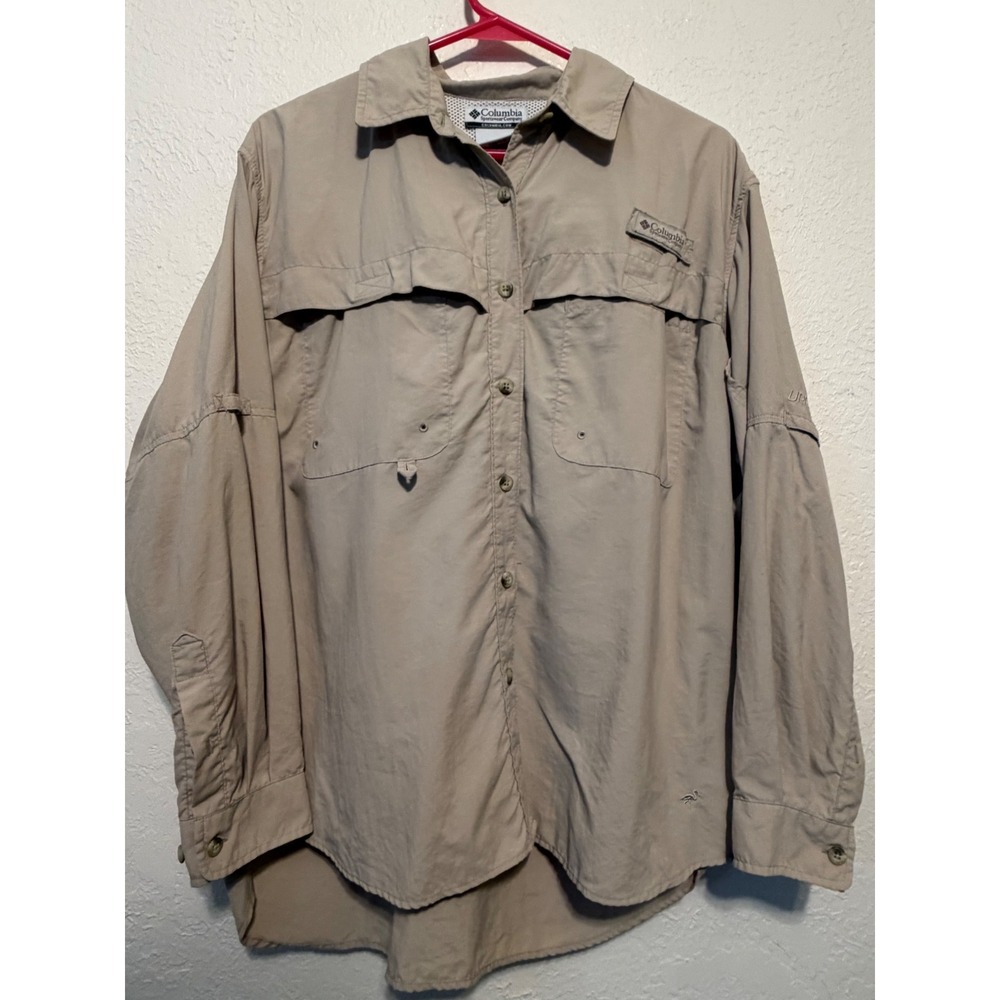 Columbia PFG Bahama Long Sleeve Shirt Tan Khaki UPF 30 Vented Medium